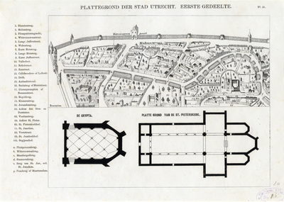 39905 Plattegrond van de St. Pieterskerk op het Pieterskerkhof te Utrecht en van de crypte onder het koor, in de ...